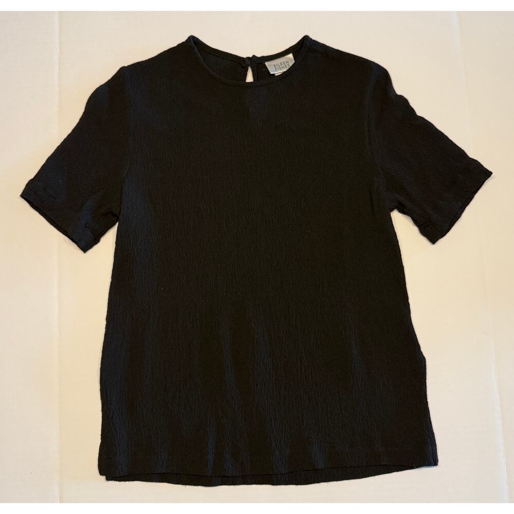 Eileen Fisher Black Crinkle Rayon Short Sleeve Top Size S USA